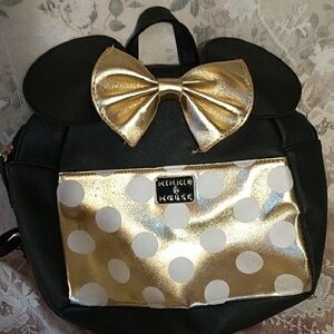 Disney Minnie Mouse Black and Gold Backpack top zip ears & bow